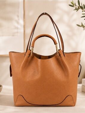 Sondra Roberts Tan Leather Tote Shoulder Bag Gold Hardware Slouchy Purse
